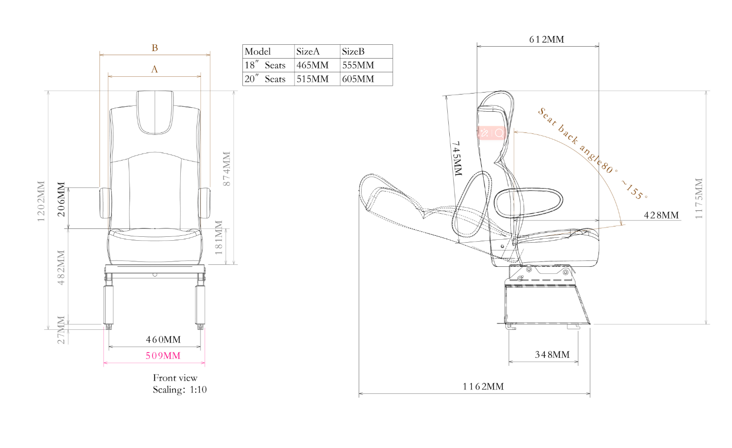 Adjustable black sprinter van seat Size